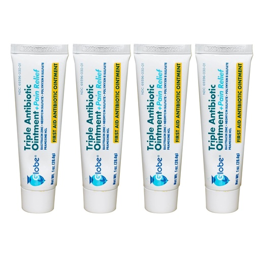 [BRSWGBAKCVYGYFLA] Globe 4 Pack Triple Antibiotic + Pain Relief Ointment 1oz, First Aid | Dual Action Formula, Minor Cuts and Scratches Care, Portable Tubes, First Aid Kit Essential, 24 Hour Protection