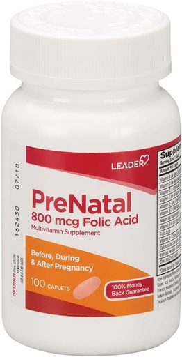 [BRSWK234BV7B6CTO] Leader Prenatal Multivitamin with 800mcg Folic Acid ' Essential Nutrients for Healthy Pregnancy " Fetal Development, High Potency Vitamin for Expecting Mothers, Daily Support, 100 Caplets (2-Pack)