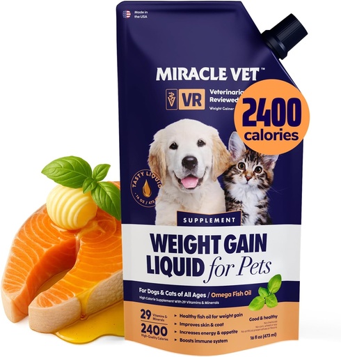 [BRSWGYALBAPQMCL4] Miracle Vet High-Calorie Greutate Gainer pentru câini și pisici - Multivitamine Supliment nutritional Gel, Ulei de pește Omega, Calciu - Cățeluș, Senior, Cat Prenatal & Vitamine de câine, Suplimente pentru câștig în greutate