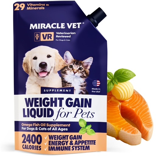 [BRSWGYALBAPQMCL4] Miracle Vet High-Calorie Weight Gainer for Dogs & Cats - Multivitamin Nutritional Supplement Gel, Omega Fish Oil, Calcium - Puppy, Senior, Prenatal Cat & Dog Vitamins, Supplements for Weight Gain