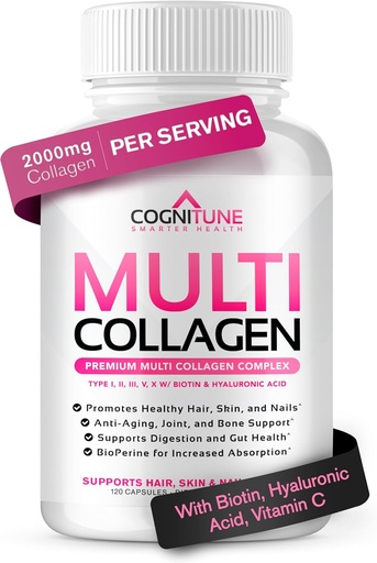 [BRSWYZQHDMCBUCDZ] Multi Collagen for Women with Hyaluronic Acid, Vitamina C and Biotin, Collagen Protein Supplement with Types I, II, III, V, X Peptides for Healthy Hair, Skin, Nails and Joints, 120 Capsules