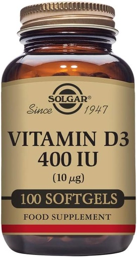 [BRSWIYT3OMABKGYZ] Solgar vitamin D3 (Cholecalciferol) 10 MCG (400 IU), 100 Softgels - Hjelper opprettholde bein og tenner - Immunsystemstøtte - Ikke-GMO, Glutenfri, Dairy Gratis - 100 Serveringer