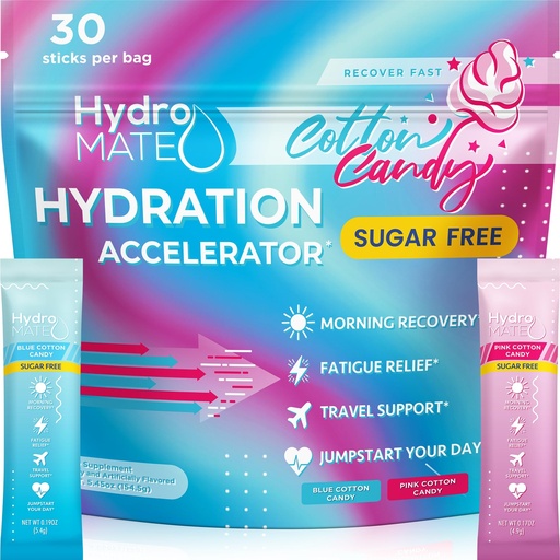 [BRSRAAYDDENGCCTX] HydroMATE Electrolytes Powder No Sugar Cotton Candy - 30 Count Instant Hydration Packets with Vitamin C to Boost Energy - Sugar Free Electrolytes to Support Hydration on Keto Diet & Party Recovery