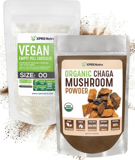 [BRSRMYIBCF7GE2Q3] XPRS Nutra Organic Chaga прах 4 Ounce с размер 00 предварително разделени празни капсули (100 броя) Bundle