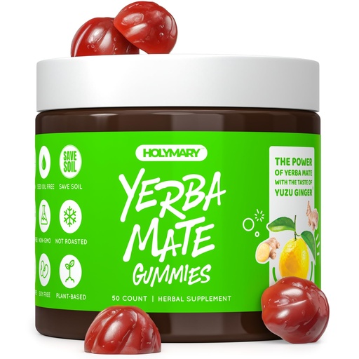 [BRSRAY3QOEFROCLH] Yerba Mate Gummies - Yuzu & Ginger Flavor for Energy, Focus, Immunity & Cardio Health | Vegan, Non-GMO, Gluten-Free - 50 Natural Supplement Gummies