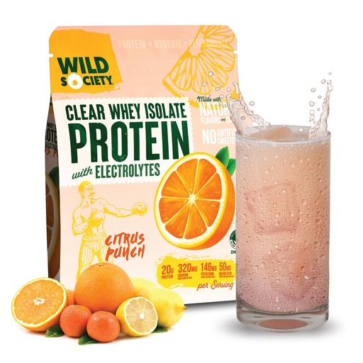 [BRSRA2YBCEIROCD5] WILD SOCIETY - Clear Protein Powder + Electrolytes - 20g Clear Whey Protein Isolate Drink - Zero Sugar - 0g Lactose - Natural Flavors & Colors - Muscle Post Workout Recovery - Citrus Punch, 16 oz
