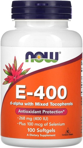 [BRSWIAYZCUAQOGY7] עכשיו מזונות E-400 D-Alpha עם Tocopherols מעורב, 268 מ"ג (400 IU), 100 Softgels