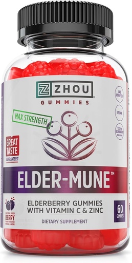 [BRSWGFI7CMNG2EIU] Zhou Elder- Mune Elderberry Gummies - Bezinky Vitamin C a zink, Denní Imunitní Supplemenet pro ženy a muže, Žvýkací přírodní černé Elderberry pro dospělé a děti 4 & Up - 60 Gummies