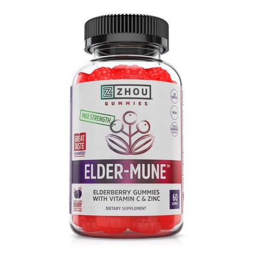 [BRSWGFI7CMNG2EIU] Zhou Elder-Mune Elderberry Gummies with Vitamin C and Zinc - Daily Immune Support Supplement for Women & Men, Chewable Natural Black Elderberry for Adults & Children 4 & Up - 60 Gummies