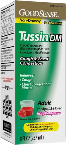 [BRSRMYACBUFQIEQU] GoodSense Tussin Cough Sirup DM, Malinová príchuť, Efektívna úľava na kašeľ a hrudníku, Tenký hlien, 8 Fl Oz