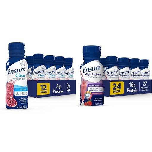 [BRSROCYKPMNWCETU] Ensure Liquid Clear Nutrition Drink, 0g fat, 8g of protein, Blueberry Pomegranate, 10 Fl Oz (Pack of 12), Bottle, gluten free & Ensure High Protein Strawberry Nutrition Shake, 24 Pack