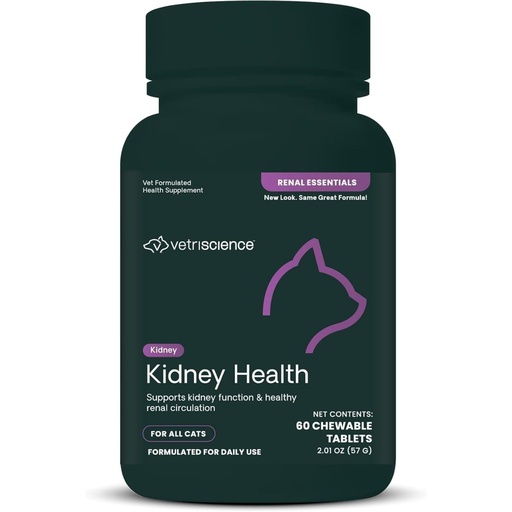 [BRSWIYDQA4FWOFDM] VetriScience Kidney Health Chewable Tablets, Renal Essentials Supplement for Cats, Kidney Care and Support with Mushroom, Astragalus Root, Nettle Seed and Herbs, Chicken and Fish, 60 Count