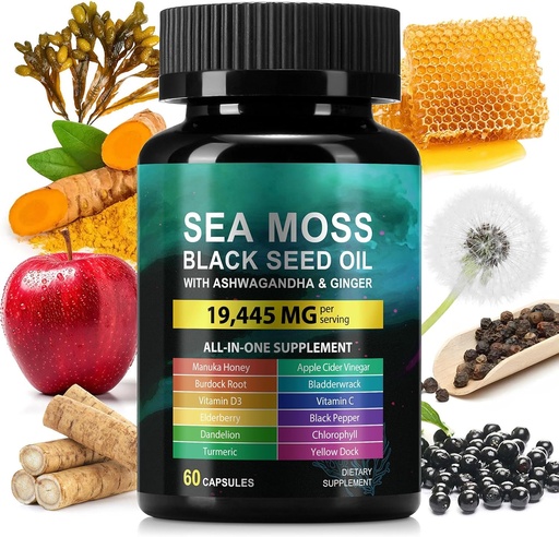 [BRSRAFL3DNYAM33V] Sea Moss 3000mg Κάψουλες Μαύρου Έλαιου Σπόρου 2000mg Ashwagandha Συμπληρώματα 1000mg Bladderwrack Turmeric Burdock & Βιταμίνη C & D3 Manuk Honey Dandelion Yellow Dock Chlorophyl ACV