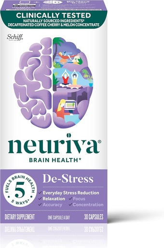 [BRSWYZAKA4MROF34] NEURIVA Destress Brain Supplement for Focus, Concentration & Presnosť s L-Theanine pre relaxáciu a každý deň zníženie stresu a Melon koncentrát pomôcť bojovať oxidačný stres, 30ct kapsule