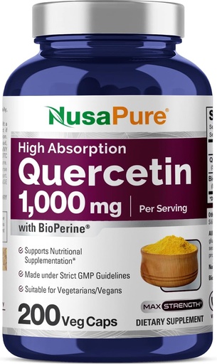 [BRSWGGQ7B4MGM2TU] NusaPure Quercetin 1000mg - 200 Veggie Caps (No-GMO, Vegan, Vegetariano) Bioperina