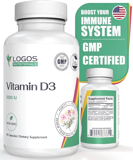 [BRSROAAZAAJRA2D6] Vitamin D3 Supplement - Vitamin D-5000 IU - Support Healthy Bones, Teeth, Muscles, Cardiovascular, and Immune Function - Dairy-Free, Soy-Free - 60 Capsules