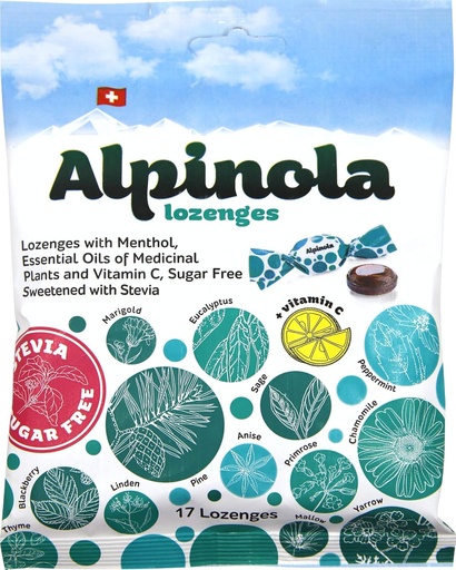 [BRSWGAAECUCBYA3L] Alpinola Lozenges, Menthol, 20 Herbs eta C bitamina, Sugar Free Stevia, 17 kondea