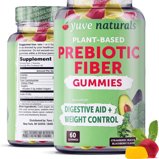 [BRSRMBANAF6WE3L5] Yuve Prebiotic Fiber Gummies - Delicious - 3g Soluble Fiber Supplement - Supports Digestive Health & Regularity - Vegan & Gluten-Free Fiber Gummies for Adults & Kids - Non-GMO & Low Sugar - 60 Count