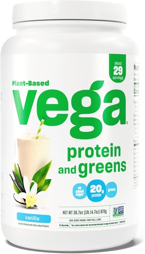 [BRSROAABOAFGAYLZ] Vega Protein and Greens Protein Powder, Vanilla - 20g Plant Based Protein Plus Veggies, Vegan, Non GMO, Pea Protein for Women and Men, 1.9lbs