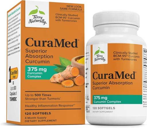 [BRSWIZIICYIRACL2] Terry Naturally CuraMed 375mg - Antioxidant Supplement for Brain & Immune Health Support - Dietary Supplement with Curcumin & Turmeric Essential Oil - Herbal Liver Support - 120 Softgels