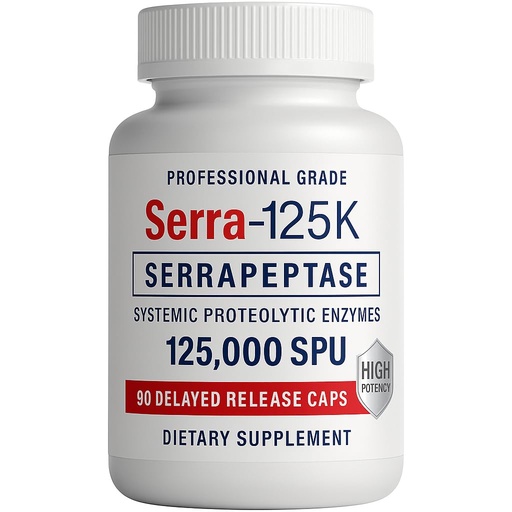 [BRSWKEARBYHAK3TU] Serra-125K Serrapeptase – High Potency 125,000 SPU Per Capsule (250,000 SPU Per 2 Capsules) | Delayed Release | 90 Capsules | Non-GMO | Vegan Enzyme Supplement | Professional Quality