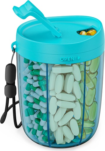 [BRSROCQ2CJ4BAYDK] PULIV Large Pill Bottle Organizer, Supplement Organizer for Holding 6 Various Vitamins, Pill Box Case with Anti-Mixing & Wide Opening Design, Easy to Retrieve Meds and 20 Pcs Stick-on Labels, Blue