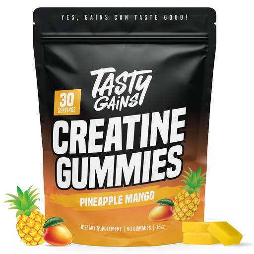 [BRSRA2YBDENGE2TG] TASTY GAINS Creatine Gummies - 90g of Creatine Monohydrate - Workout Supplements - Build Muscle & Boost Strength for Men & Women - Made in USA - Non GMO - Vegan Friendly (Large, Pineapple Mango)