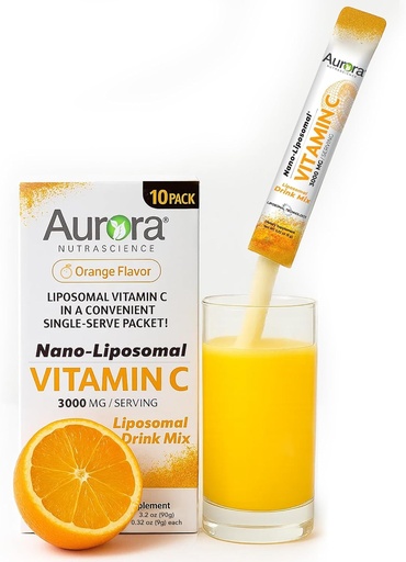 [BRSRAGAKPIOWE2Y7] Aurora Nutrascience Nano-Pack Liposomal Vitamin C Powder Drink Mix, Immune Support, High Strength 3,000 mg Per Serving 10 Single Serve Packets, Orange