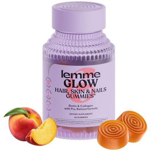 [BRSRMAIEO4PAMCDU] Lemme Glow Collagen Gummies for Thick Hair, Strong Nails & Healthy Skin with Multi-Collagen Peptides, Biotin, Trace Minerals, Zinc, Vitamins A, C & E, Dairy & Gluten Free, Peach Flavor, 60 ct.