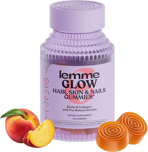 [BRSRMAIEO4PAMCDU] Lemme Glow Collagen Gummies for Tick Hair, Strong Nails & Healthy Skin with Multi-Colagen Peptides, Biotin, Trace Minerals, Cinc, Vitamines A, C & E, Dairy & Gluten Free, Peach Flavor, 60 ct.