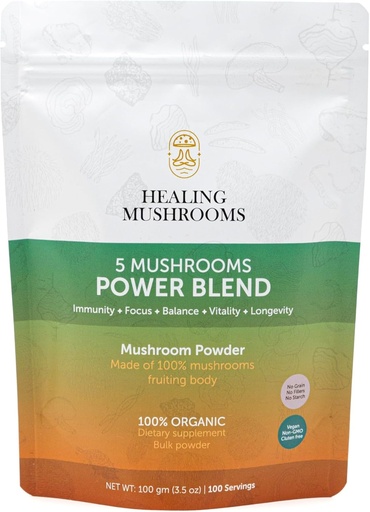 [BRSROHADOEHQYDLV] 5 Mushrooms Power Bland, Organic Powder with Lions Mane, Reishi, Cordyceps, Turkey Tail, Chaga. 100 Grams