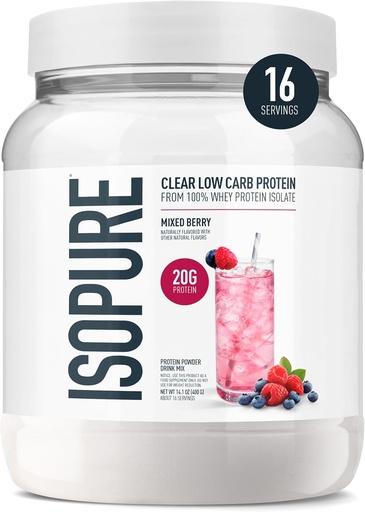[BRSWGFD5OANRS3AY] Isopure Clear Whey Isolate Protein Powder, Laktosa Free, Gluten Free, Alamic Flavored, Mixed Berry, 20g Protein Per Serving, 14.1 Oz, 16 Servings (Packaging May Wary)