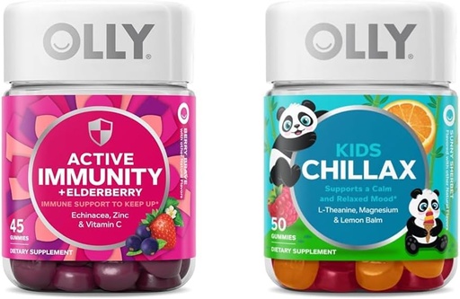 [BRSRAYYYCUFWOELA] OLLY Gummy Active Immunity+Elderberry, 45 Gummies Kids Chillax, Magnesium Gummies, Lemon Balm, Calm Chews for Kids 4+, 50 Count