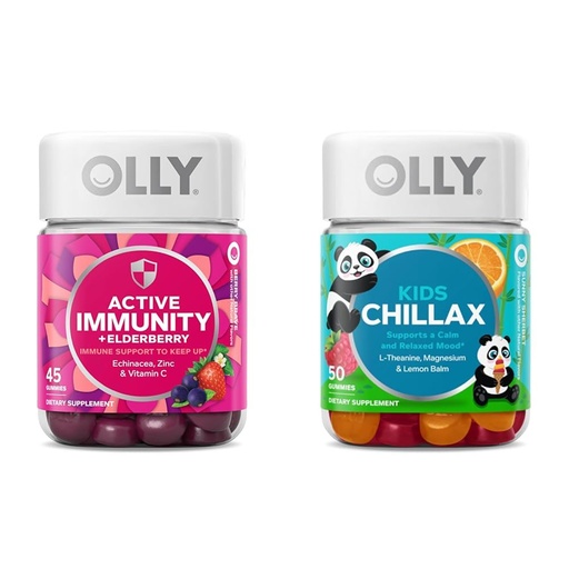[BRSRAYYYCUFWOELA] OLLY Gummy Active Immunity+Elderberry, 45 Gummies Kids Chillax, Magnesium Gummies, Lemon Balm, Calm Chews for Kids 4+, 50 Count