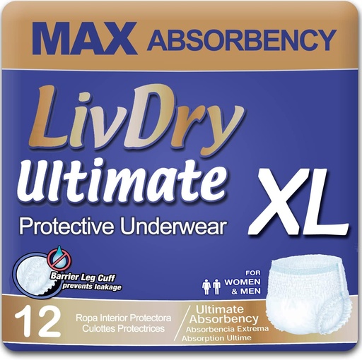 [BRSWGFAPOUMQEHTH] LivDry Ultimate XL Adult Incontinence spodnje perilo, Max Absorbent Odrasli Pleskavci z zaščito Puh, X-Large, 12-Pack