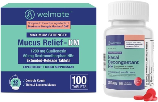 [BRSROBQDOQFGGGTO] WELMATE Hotz eta Alergia Erliebe osoa Kit: Gehieneko indarra Nasal Decongestant PE (200 Tablet) eta Mucus Relief DM 1200mg Guaifenesin/60mg DXM (100 Ct) - Ez-Drowsy Sinus, Cough eta Congestion Relief
