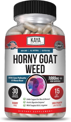 [BRSRMGDYBUMRSAIU] Kaya Naturals Horny Goat Weed for Men və Qadınlar üçün - Maca ilə 1560mg Kompleksi, Palmetto, Ginseng, Arginine Vitamin - Horny Goat Weed - 30 Count