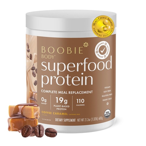 [BRSWGAI5B55BAEQZ] Boobie Body Superfood Protein Pregnancy and Postpartum Meal Replacement Shake, Coffee Caramel Flavor | 19g Protein | Safe for Lactation & Motherhood | Organic, Vegan, Zero Sugar, 1 Tub (20 Servings)