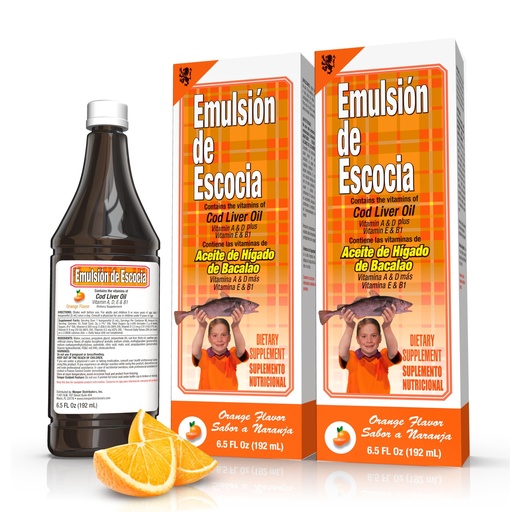 [BRSWYGIBCFYGE3YU] Emulsión de Escocia Cod Liver Oil Complex with Vitamins A, D, E, B1 - Natural Orange Flavor Dietary Supplement for Immune Support & Bone Health - Essential Omega 3 Fish Oil - 6.5 oz (2-Pack)