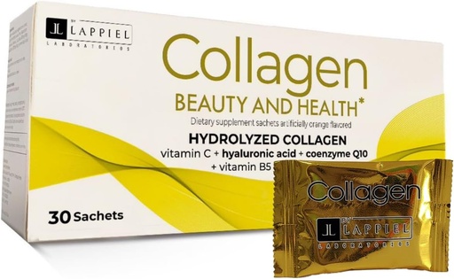[BRSROGI5C4OWCYAZ] Péptidos de colágeno hidrolizado 30 paquetes de polvo con vitamina C (1000 mg) & ácido hialurónico, que soporta el cabello, la piel, las uñas " juntas, sabor a naranja, 30 piezas