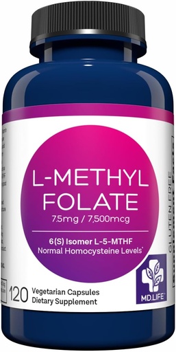[BRSRMZI5A4MBAHQ6] MD Life L- Methylfolate 7, 5 mg Supplement - Active L Methylfolate Supplement - 120 kapsułki - L- Methylfolate 7, 5 mg - Maximum potency MTHFR W / Esential Amino Acids