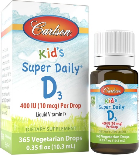 [BRSWIYILCUABMF36] Carlson - Kid's Super Daily D3, Kids Vitamina D picături, 400 UI (10 μg) per picătură, Heart Health, Immune Support, Vegetarian, lichid de vitamina D picături, Nearomat, 365 picături