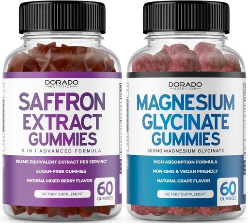 [BRSRAFAHOYHQO3DL] Saffron Supplements (60 Gummies) 5 in 1 Advanced Formula Sugar Free Gummy - Delicious Raspberry Flavor and Magnesium Glycinate (60 Count) Pure Glycinate Gummy for Adults - Non-GMO, Vegan & USA Made