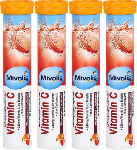 [BRSWYFAFBEGWYCTJ] Mivolis Vitamin C effervescent Tablets - Dietary Supplements 4 Packs x 20 pcs | Germany