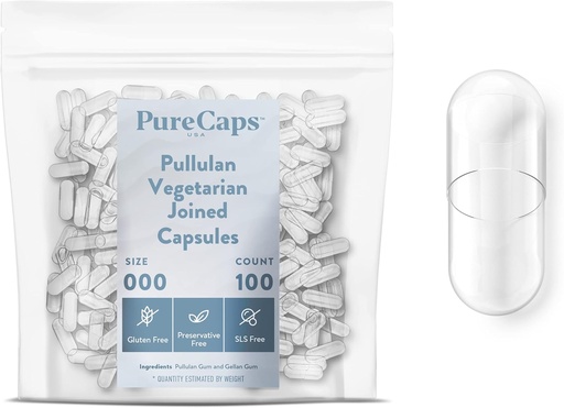 [BRSW2ZL2AUAQEC3F] PureCaps USA - Empty Vegetarian Vegan Pullulan Pill Capsules Size 000 | 1,000 Joined Pills| Clear| Non-GMO Certified | SLS, Gluten, Preservative Free