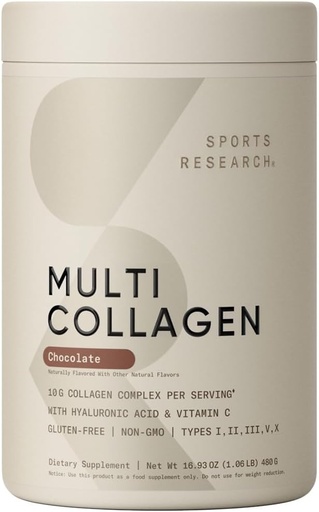 [BRSWYFDQAUFB6YL2] Sports Research Multi Collagen Protein Powder (Type I, II, III, V, X) with Hyaluronic Acid + Vitamin C | 5 Types of Food Based Collagen, 30 Servings (Chocolate)