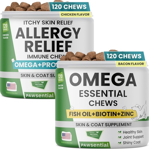 [BRSROHA2OAFRQ3TX] Allergy Relief Dog Chews + Omega Fish Oil - Itchy Skin Relief w/Probiotics + Omega 3 + Colostrum, Omega Skin & Coat Supplement Chews