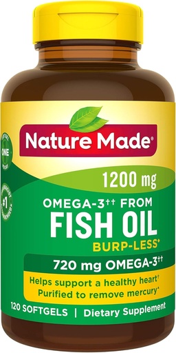 [BRSWIAA7BF5A2CTE] Burp-Less Fish Oil 1200 mg One Per Day, 120 Softgels, Fish Oil Omega 3 Supplement For Heart Health
