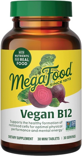 [BRSWIZIGO5YWCHDE] MegaFood Vegan Vitamin B12, Vitamin B Ergänzung mit Vitamin B6, B12 Vitamine und Folsäure, unterstützt Cellular Energy Production, Nervous System Health & Cardiovascular Function - 30 Tabletten