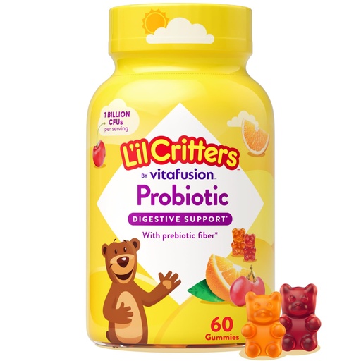 [BRSWIYTQA4PQ2D3O] L’il Critters Probiotic Daily Gummy Supplement for Kids, for Digestive Health Support, Grape, Cherry and Orange Flavors, 60 Gummies